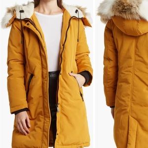 Mustard jacket. Water Repellent Hooded Coat with Faux Fur Trim. Sam Edelman